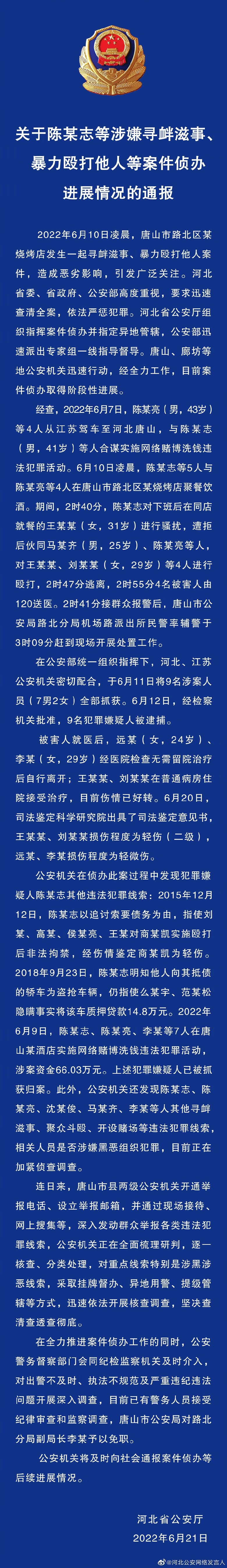關(guān)于陳某志等涉嫌尋釁滋事、暴力毆打他人等案件偵辦進展情況的通報
