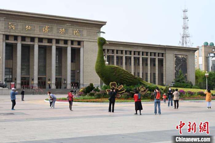 圖為游客在花壇前拍照打卡。　翟羽佳 攝