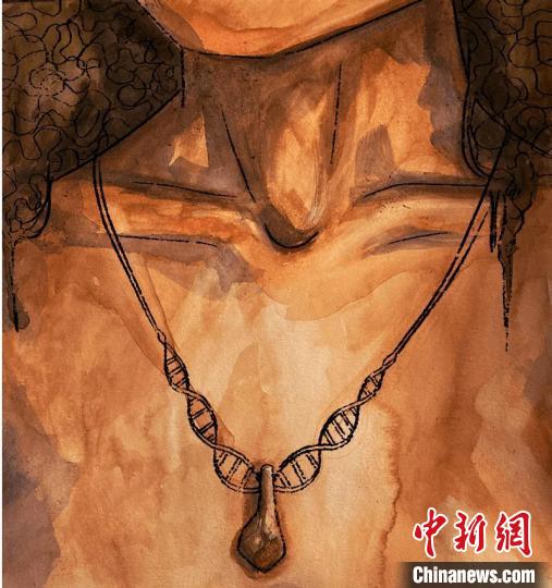 墜飾藝術(shù)再現(xiàn)圖，圖中吊墜繩為DNA螺旋樣式(圖片作者M(jìn)yrthe Lucas)?！∈┢樟指瘛ぷ匀?供圖