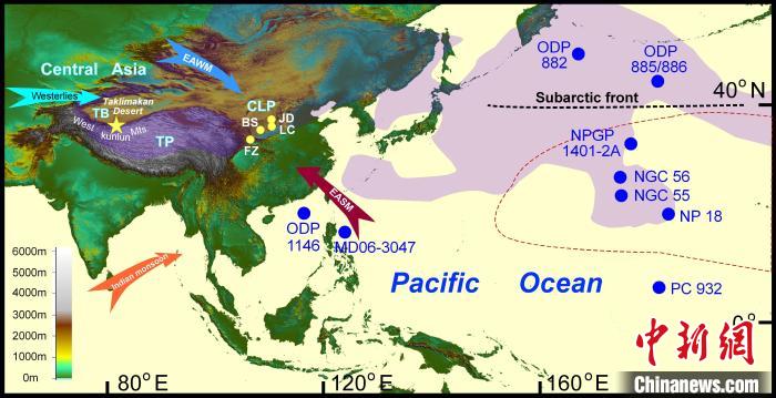 塔里木沙塵傳輸至北太平洋的路徑(陰影區(qū))及西昆侖山黃土巖芯位置(五角星)。　中科院青藏高原所 供圖