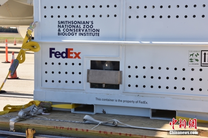 當(dāng)?shù)貢r間11月8日，美國華盛頓史密森學(xué)會國家動物園的大熊貓“美香”“添添”和它們的幼崽“小奇跡”乘坐的專機從華盛頓杜勒斯國際機場起飛前往中國成都。圖為裝有大熊貓的特制“旅行箱”。<a target='_blank' href='/'><p  align=
