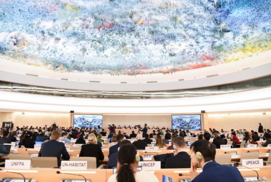 這是1月23日在瑞士日內(nèi)瓦拍攝的聯(lián)合國(guó)人權(quán)理事會(huì)第四輪國(guó)別人權(quán)審議現(xiàn)場(chǎng)。新華社記者連漪攝