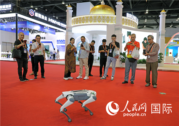 東博會(huì)上，觀眾正在參觀一只機(jī)器狗。綠色能源、新能源汽車、綠色農(nóng)產(chǎn)品等成為本屆東博會(huì)觀眾關(guān)注的焦點(diǎn)。人民網(wǎng)記者 趙益普攝