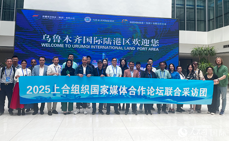 5月26日，外國(guó)媒體人在烏魯木齊國(guó)際陸港區(qū)合影留念。 人民網(wǎng)記者 翟轉(zhuǎn)麗攝