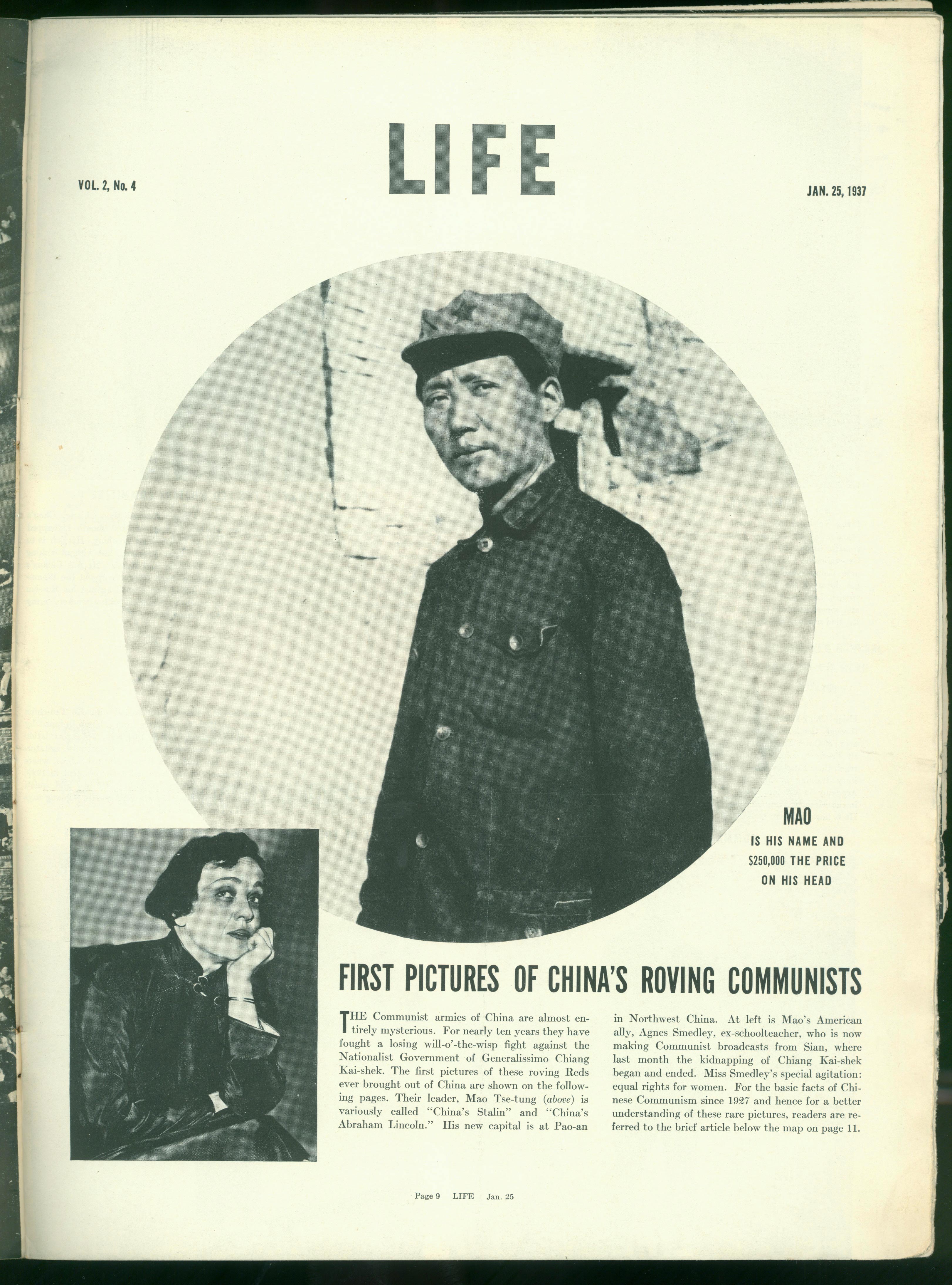 1937年1月25日，美國《生活》周刊刊登毛澤東照片，照片右下方寫著一行字：“毛，這是他的名字，他的人頭價值25萬元。”