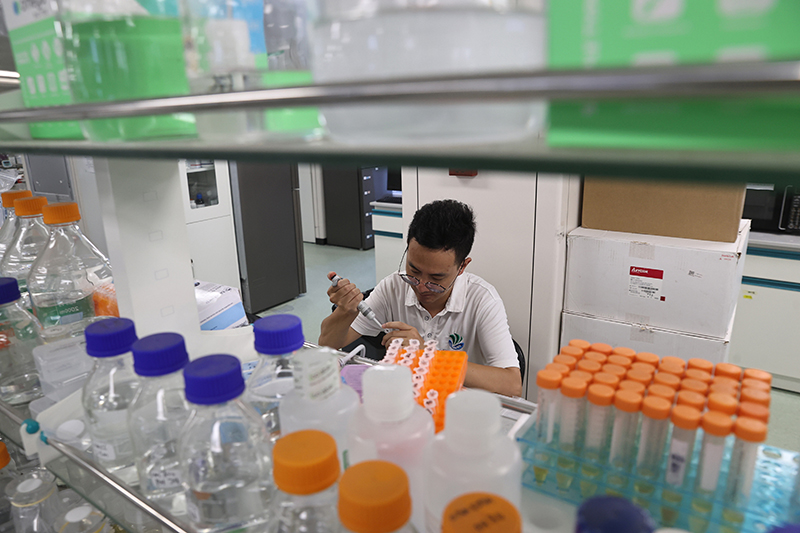 在三亞崖州灣科技城，一名青年科技工作者正在進行科研工作。