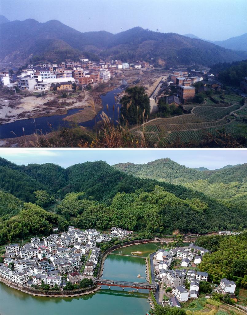 圖為浙江省杭州市淳安縣楓樹嶺鎮(zhèn)下姜村拼版圖，其中上圖為資料照片、下圖由新華社記者張鋮攝。