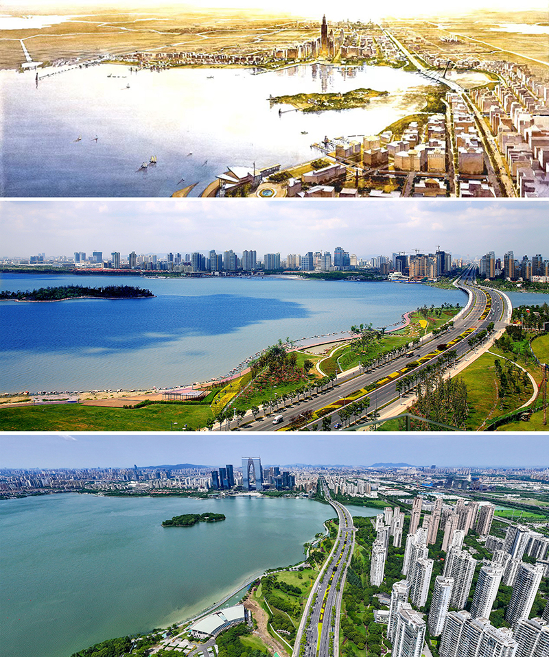 拼版照片：上圖為1994年繪制的蘇州工業(yè)園區(qū)手繪規(guī)劃圖；中圖為2007年拍攝的蘇州工業(yè)園區(qū)；下圖為2023年7月4日用無人機拍攝的蘇州工業(yè)園區(qū)。