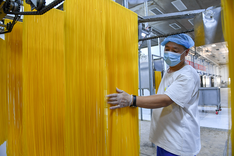 2024年1月25日，在吉林省公主嶺市的一家公司車間，工人查看玉米面條生產(chǎn)情況。