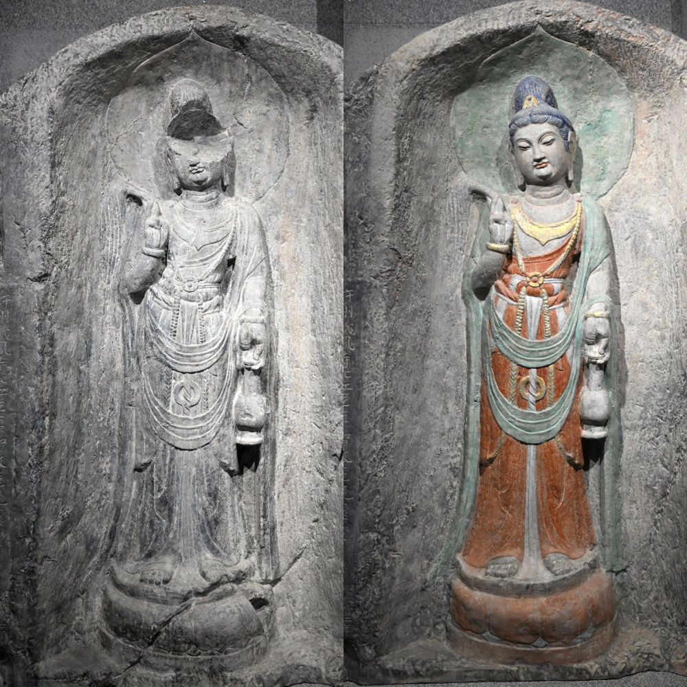 左圖為龍門石窟萬佛洞窟前南壁菩薩造像的3D打印模型；右圖為利用數(shù)字化技術復原后的3D打印模型（2025年4月10日攝，拼版照片）。復原后的像龕精妙絕倫，栩栩如生，被游客譽為“龍門最美菩薩”。圖片來源新華社