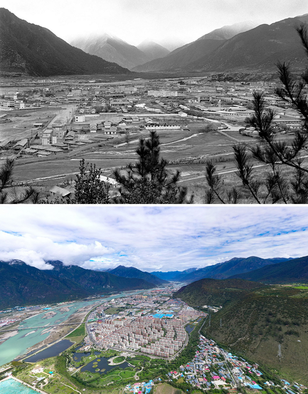 拼版照片：上圖是20世紀(jì)90年代的西藏林芝八一鎮(zhèn)；下圖是2021年7月20日拍攝的西藏林芝八一鎮(zhèn)風(fēng)貌。