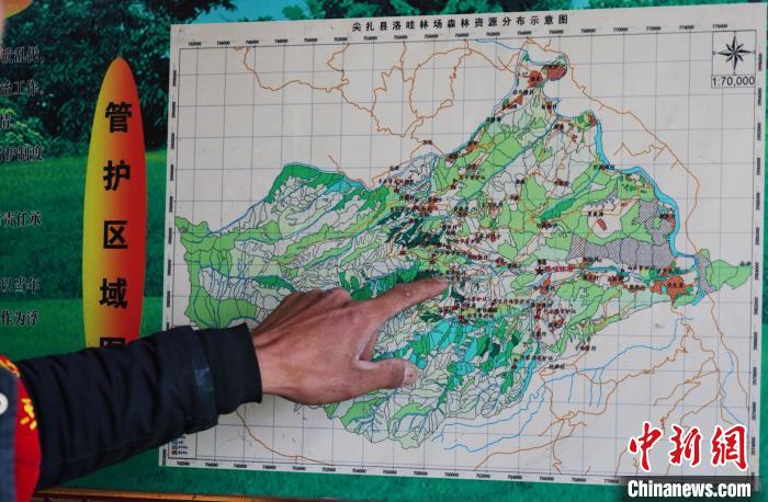 圖為桑杰加介紹管護(hù)區(qū)域分布?！●R銘言 攝