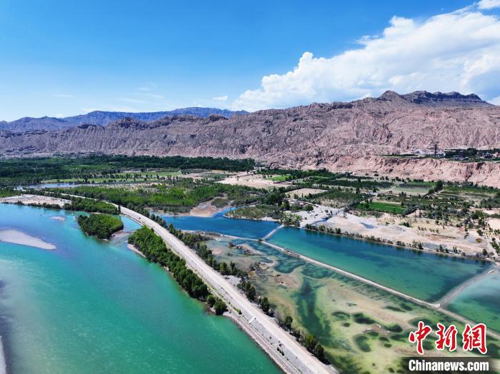 航拍貴德縣黃河岸畔綠意盎然?！●R銘言 攝