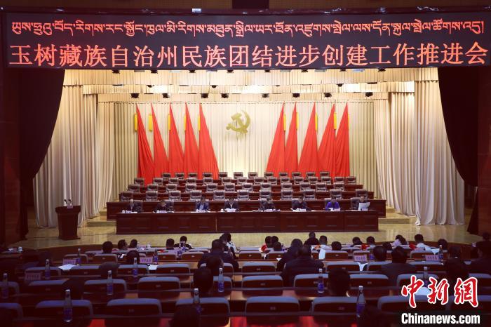 圖為玉樹州民族團結進步創(chuàng)建工作推進會現(xiàn)場?！『F龍 攝