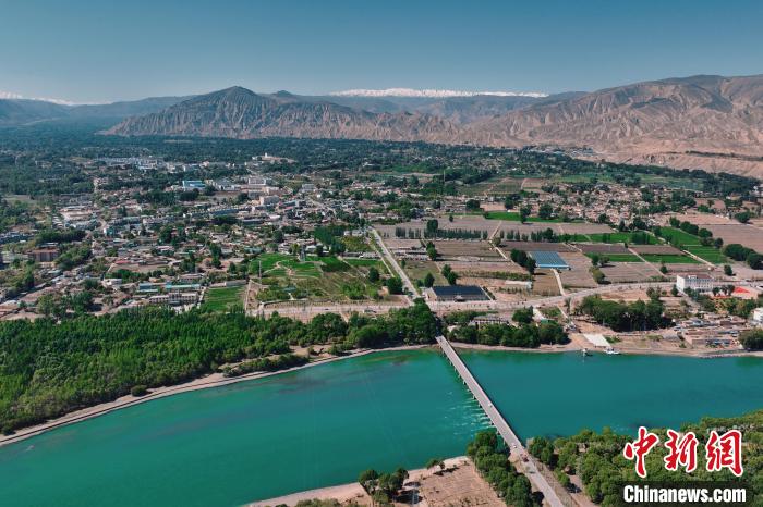 航拍青海貴德黃河岸畔綠意濃濃。　趙凜松 攝