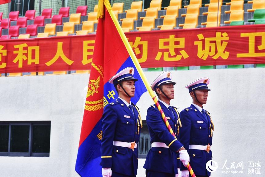 迎國家綜合性消防救援隊伍隊旗。人民網(wǎng) 李海霞 攝