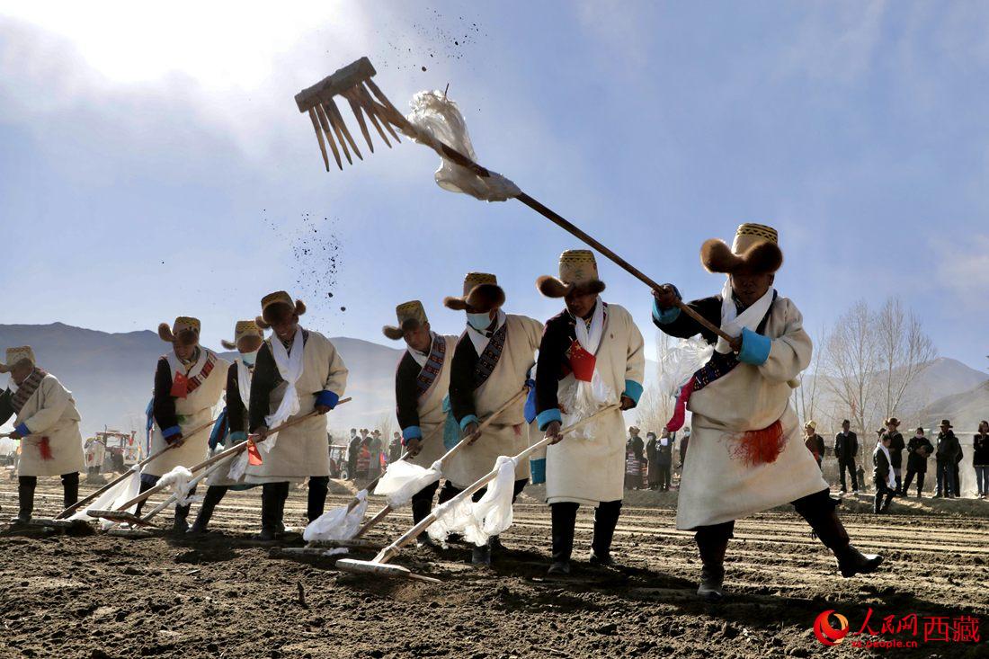 當(dāng)?shù)卮迕裆碇?jié)日盛裝，舉行春耕儀式。人民網(wǎng) 次仁羅布攝